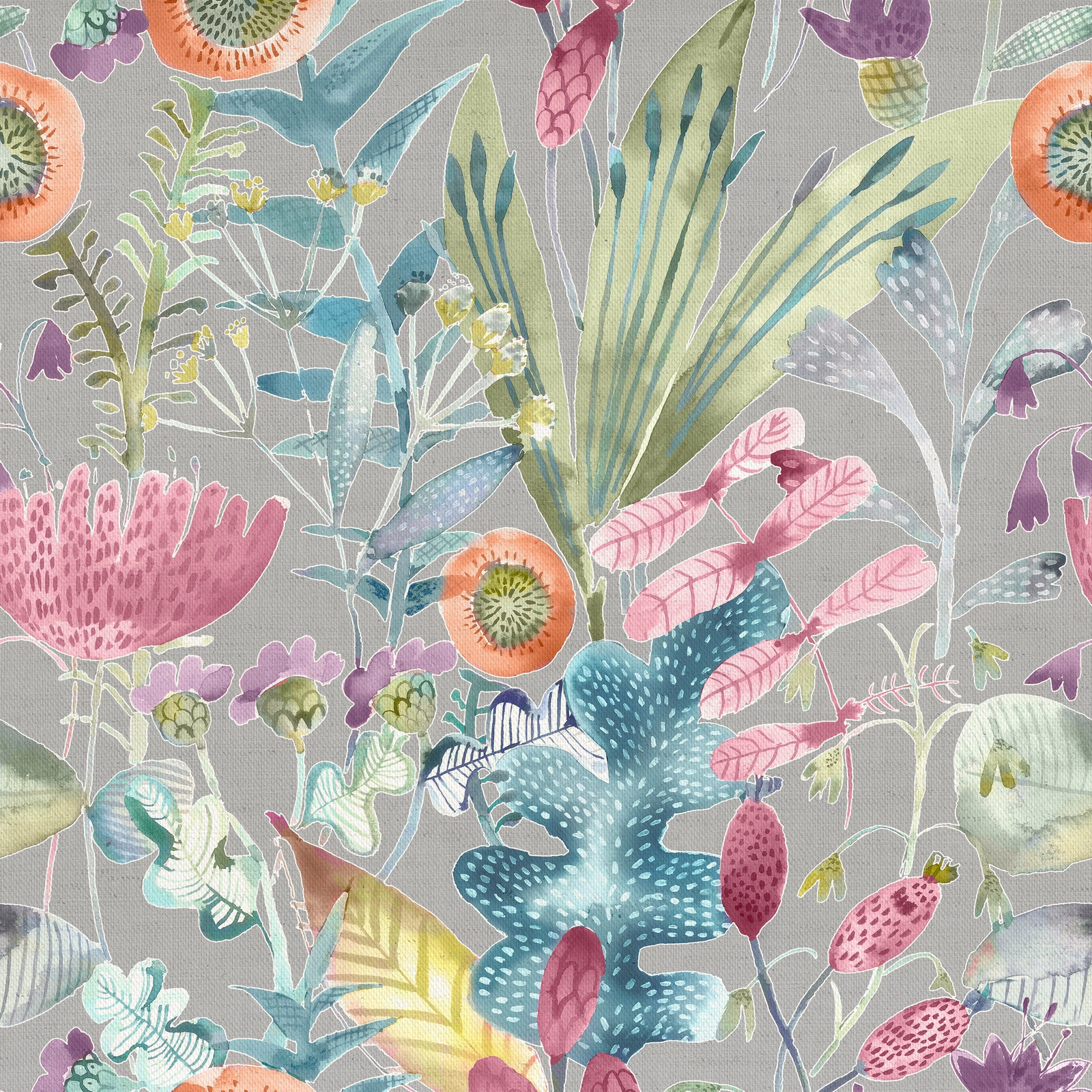 Painterly multicolour botanical fabric on a soft grey ground with large floral and leaf motifs