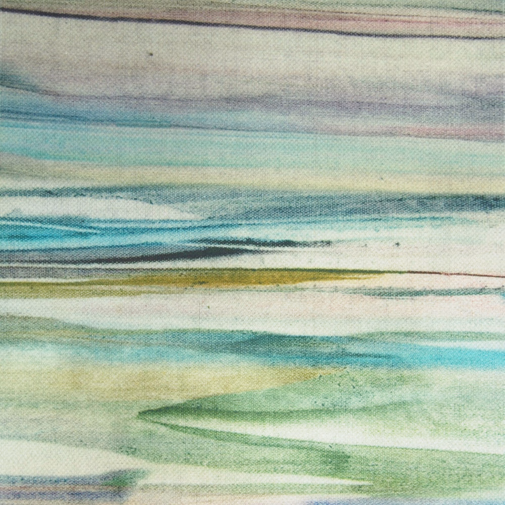 Painterly aqua, sage and cream striped fabric with a softly textured weave
