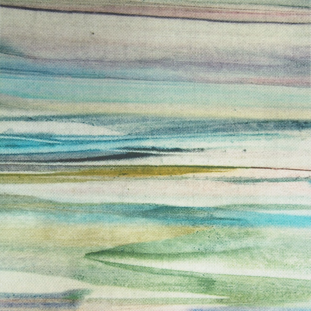 Painterly aqua, sage and cream striped fabric with a softly textured weave