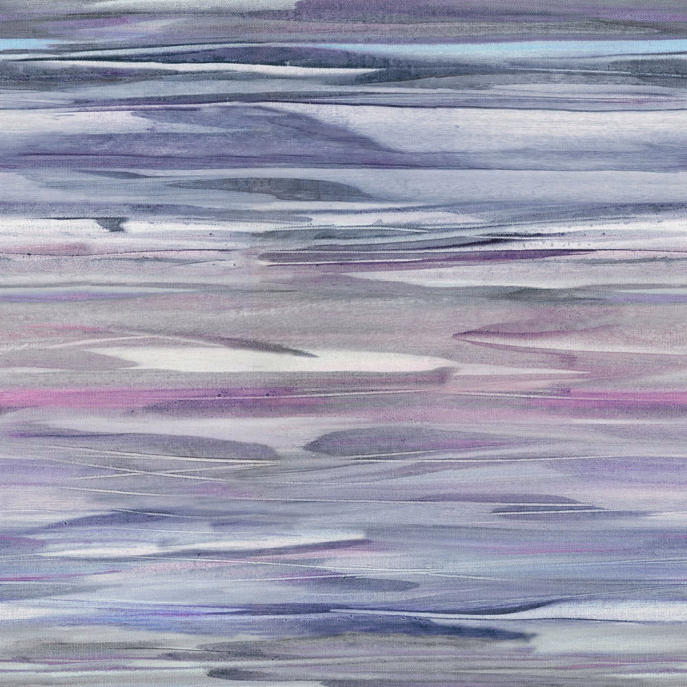 Painterly lilac and grey abstract fabric with broad horizontal brushstroke bands