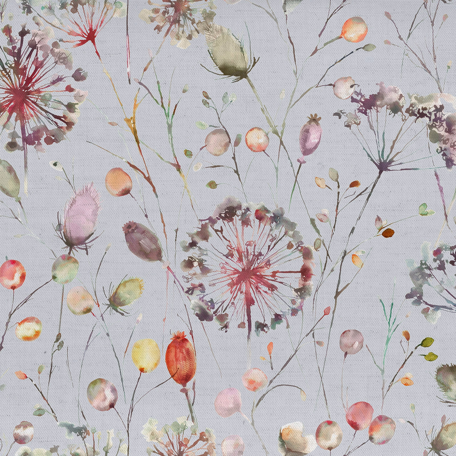 Pale icy blue floral fabric with scattered painterly blossoms and slender stems