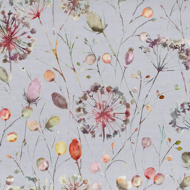 Pale icy blue floral fabric with scattered painterly blossoms and slender stems