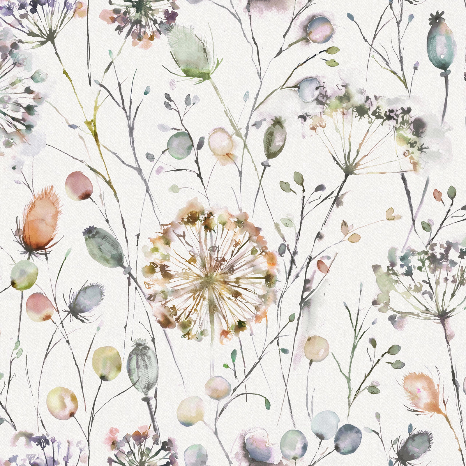 Painterly botanical fabric with soft orange blooms and pale green stems on an ivory ground