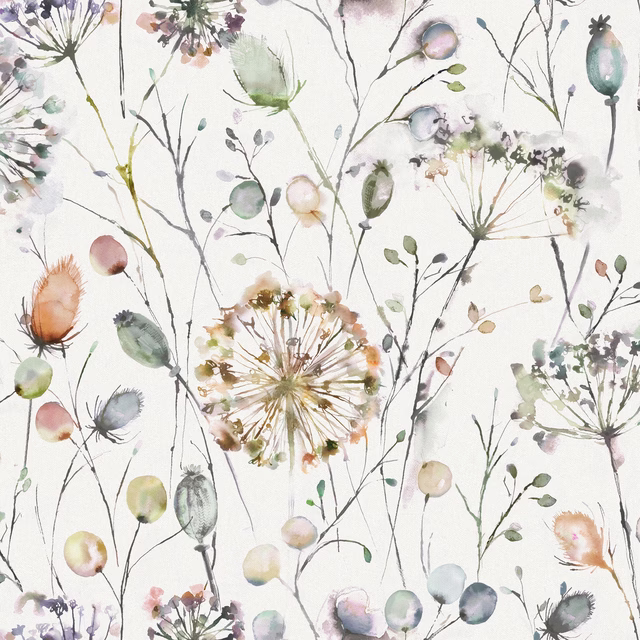 Painterly botanical fabric with soft orange blooms and pale green stems on an ivory ground