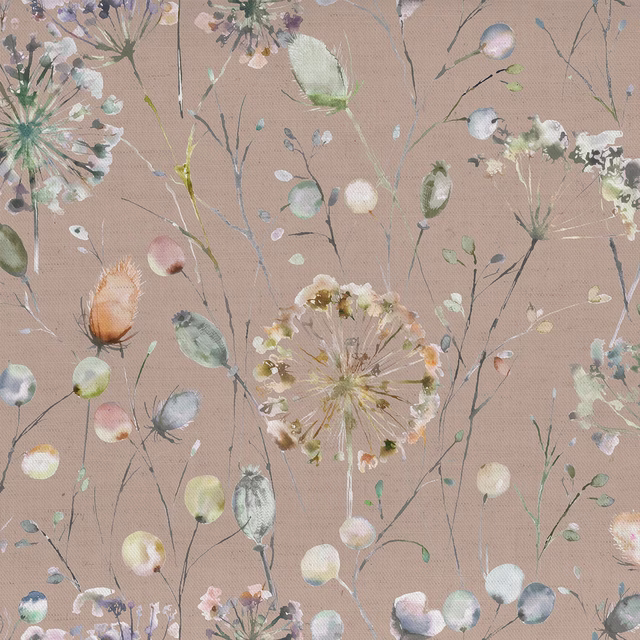 Dusty pink floral fabric with painterly meadow stems and soft pastel seedheads