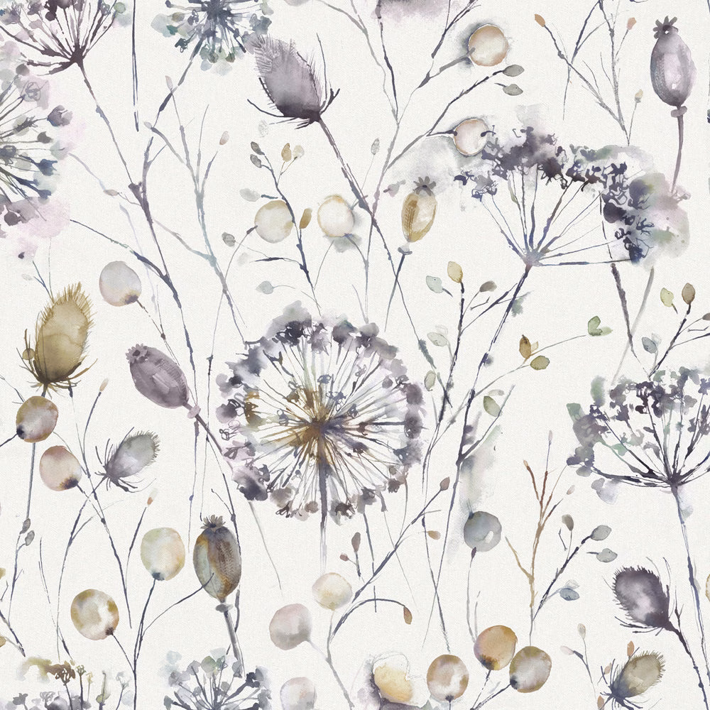 Botanical fabric swatch with lilac, grey and muted gold seed heads on ivory ground