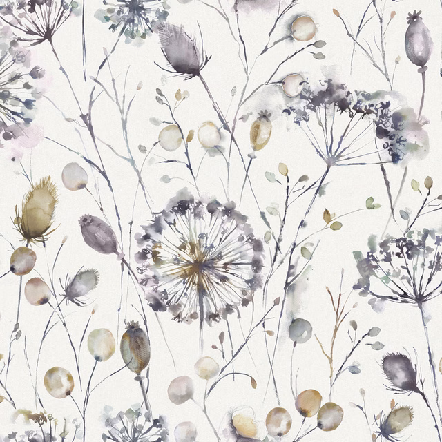 Botanical fabric swatch with lilac, grey and muted gold seed heads on ivory ground