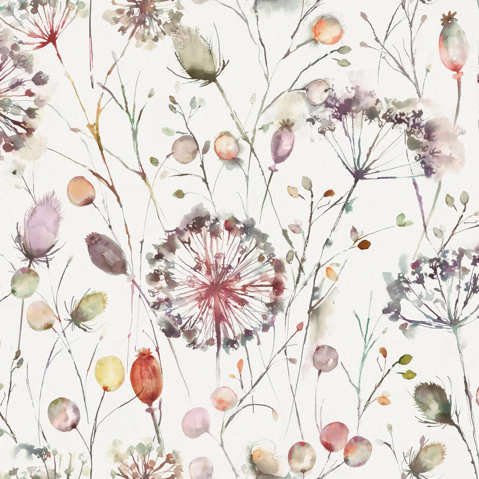 Watercolour botanical fabric with soft berry-red blooms, pale ground and delicate branching stems