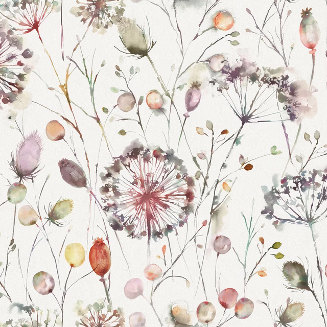 Watercolour botanical fabric with soft berry-red blooms, pale ground and delicate branching stems
