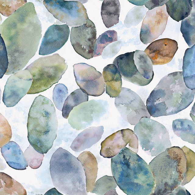 Watercolour leaf scatter in soft blue, sage and grey tones on a pale ground