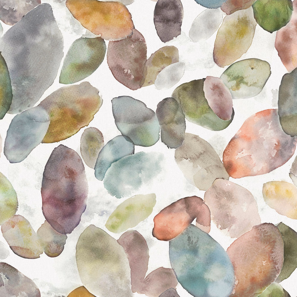 Watercolour oval motifs in soft coral orange, sage and lilac on a pale ground