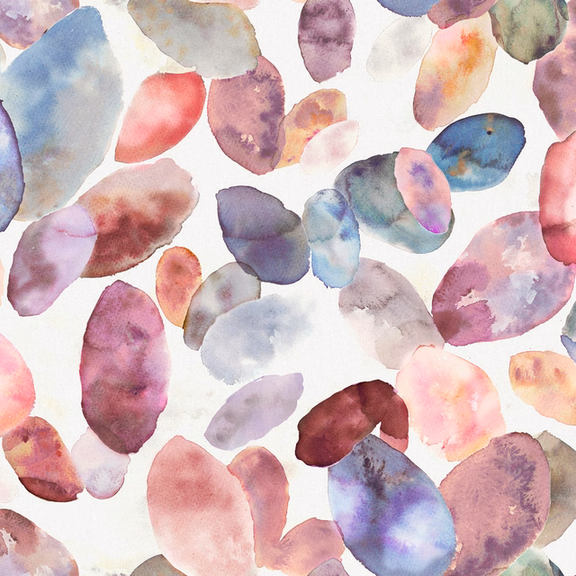 Watercolour petal scatter in blush, mauve, lilac and blue on a pale ground
