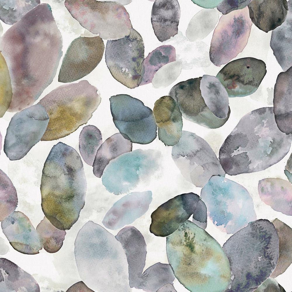 Painterly oval leaf motifs in soft lilac, sage, blue-grey and mauve on a pale ground