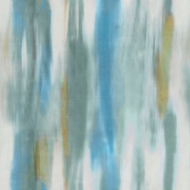 Painterly aqua and blue-green vertical brushstrokes on a pale ground