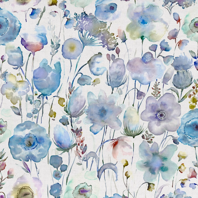 Painterly blue and lilac floral fabric on a pale ground