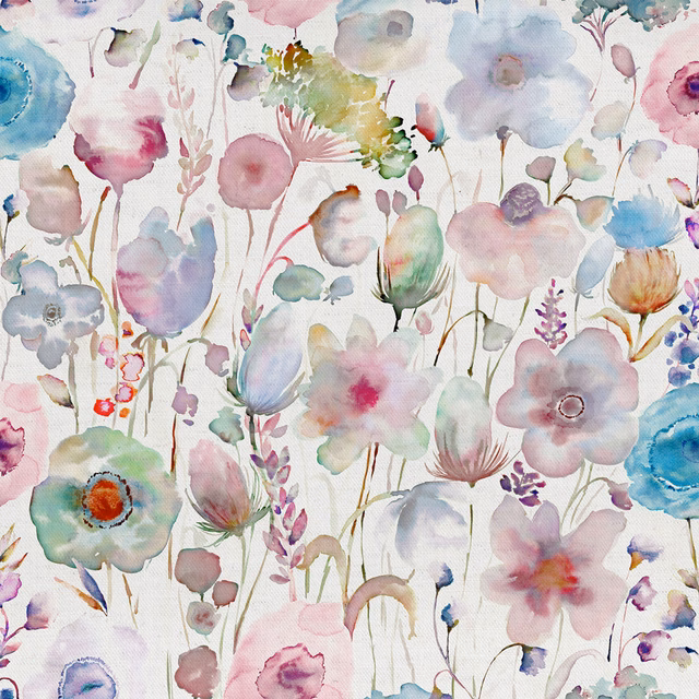 Watercolour meadow floral fabric with pastel pink, blue, lilac and mint blooms