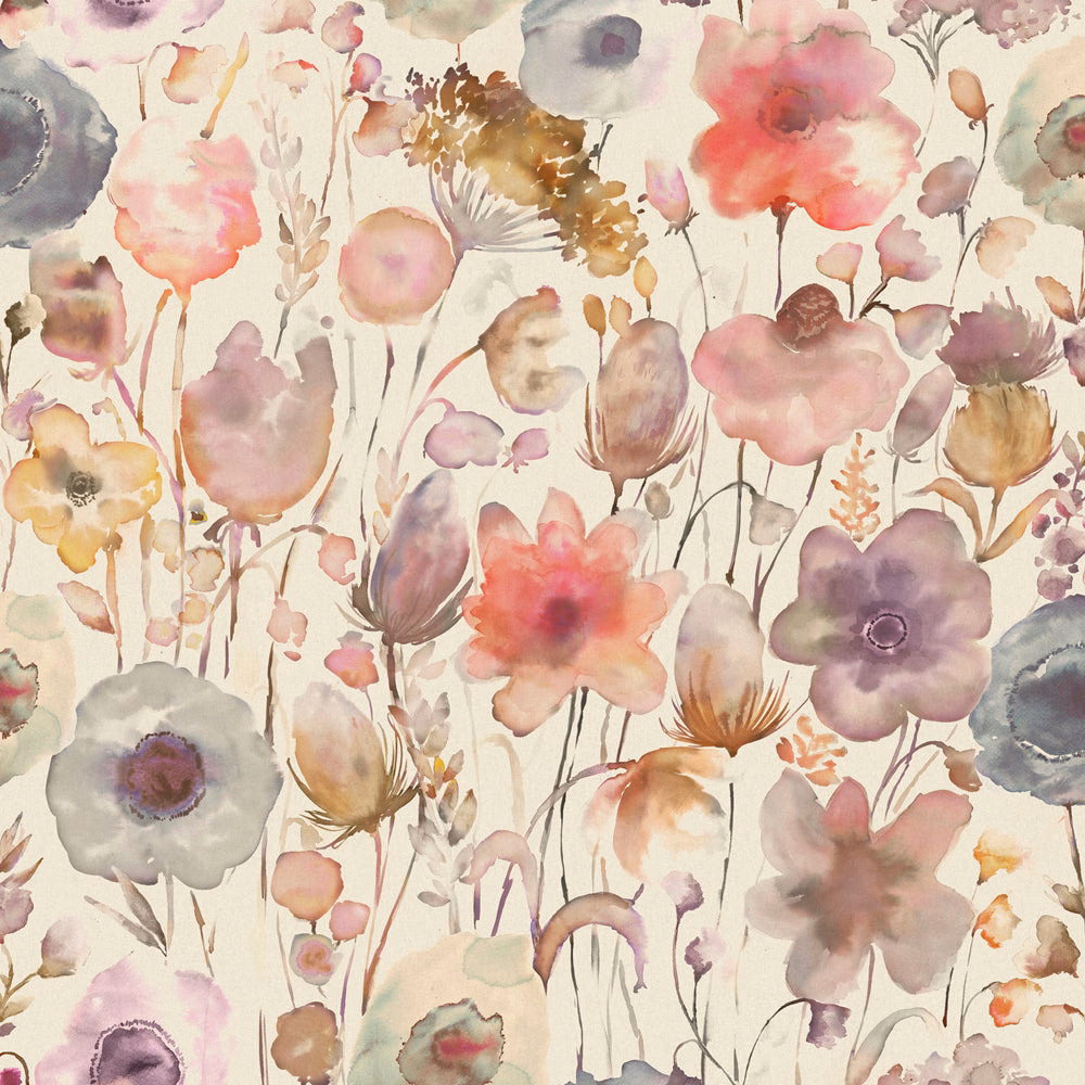 Watercolour meadow floral fabric in soft pink, lilac and blush on ivory