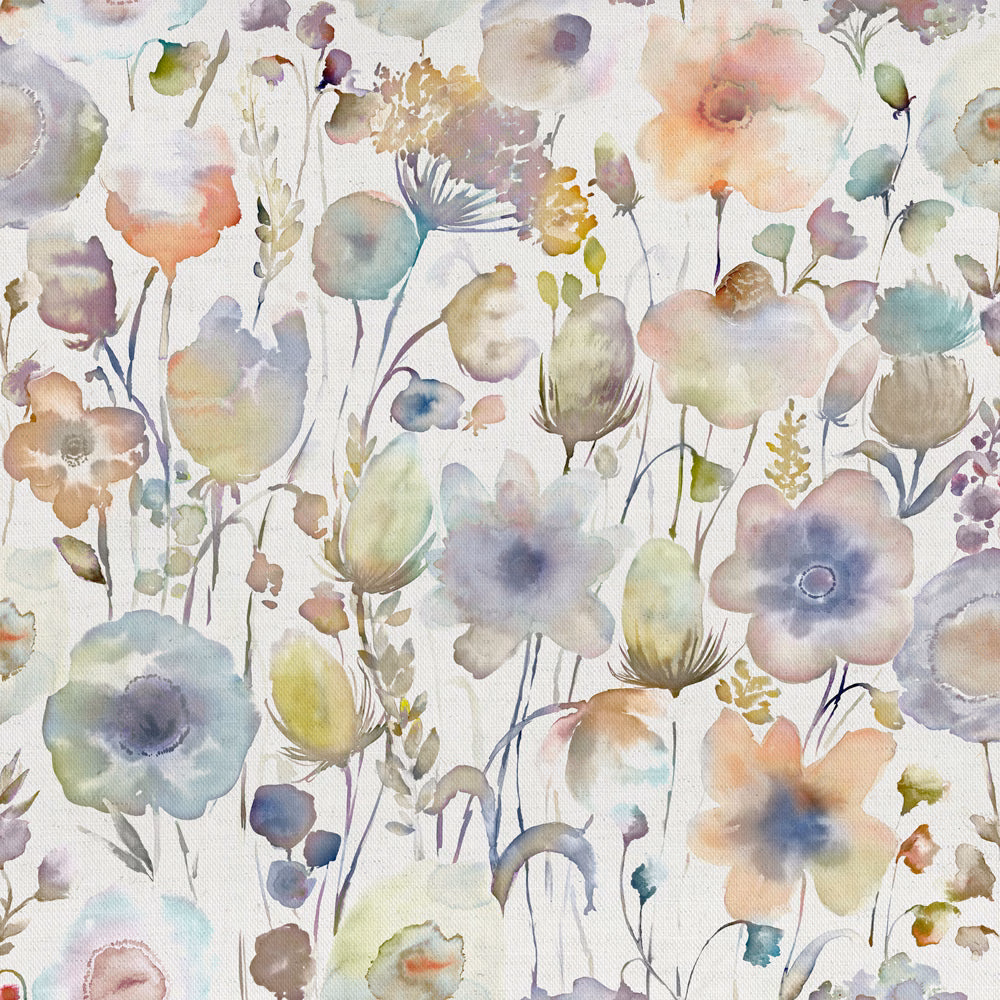 Watercolour floral fabric with soft lilac, blush and sage blooms on a pale ground