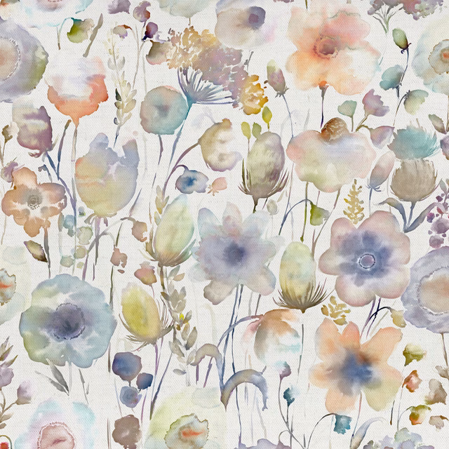 Watercolour floral fabric with soft lilac, blush and sage blooms on a pale ground