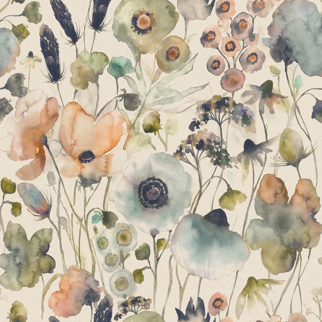 Watercolour floral fabric in soft aqua, sage and peach on an ivory ground