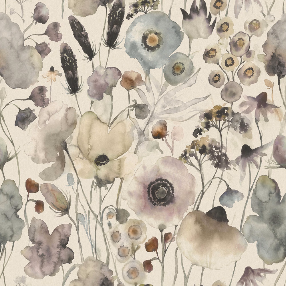 Painterly cream botanical fabric with muted lilac, grey and blue flowers