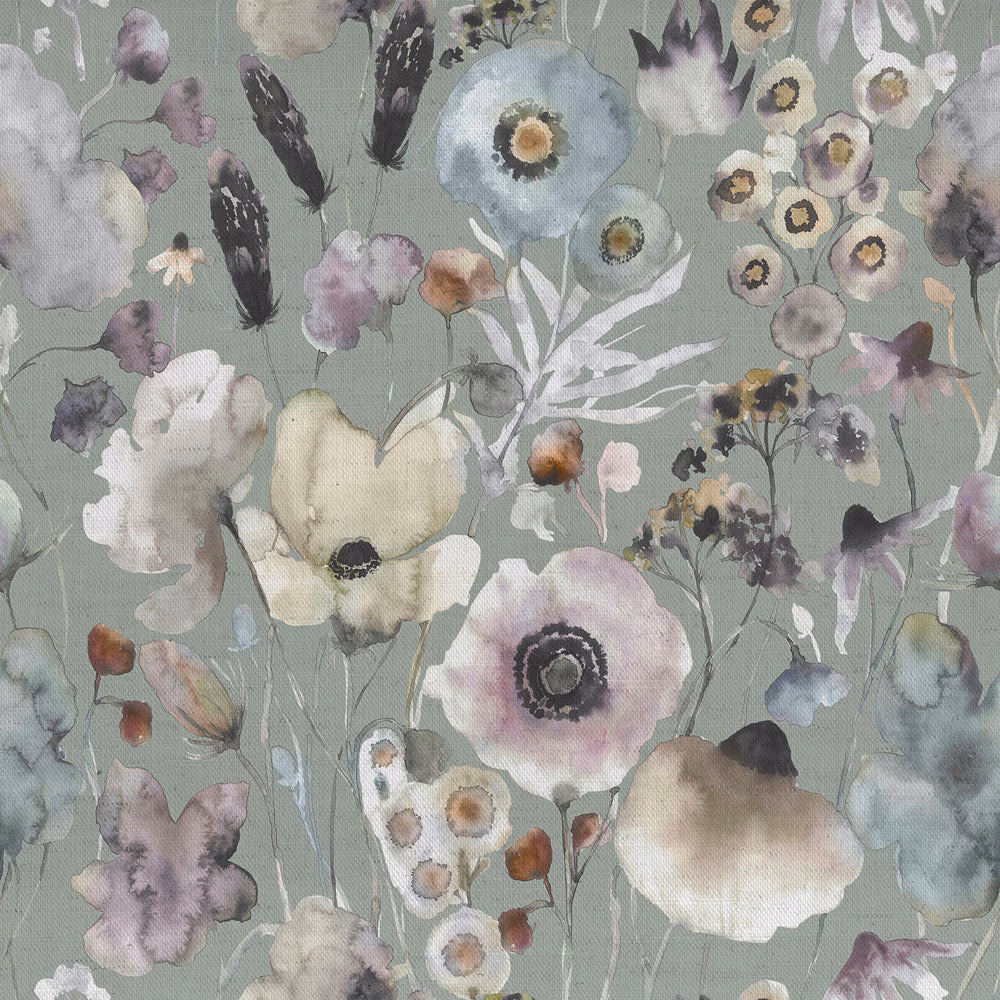 Painterly sage green floral fabric with muted lilac, cream and charcoal blooms