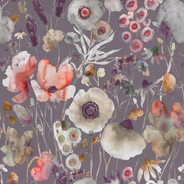 Painterly floral fabric swatch with mauve-grey ground and soft blush blooms