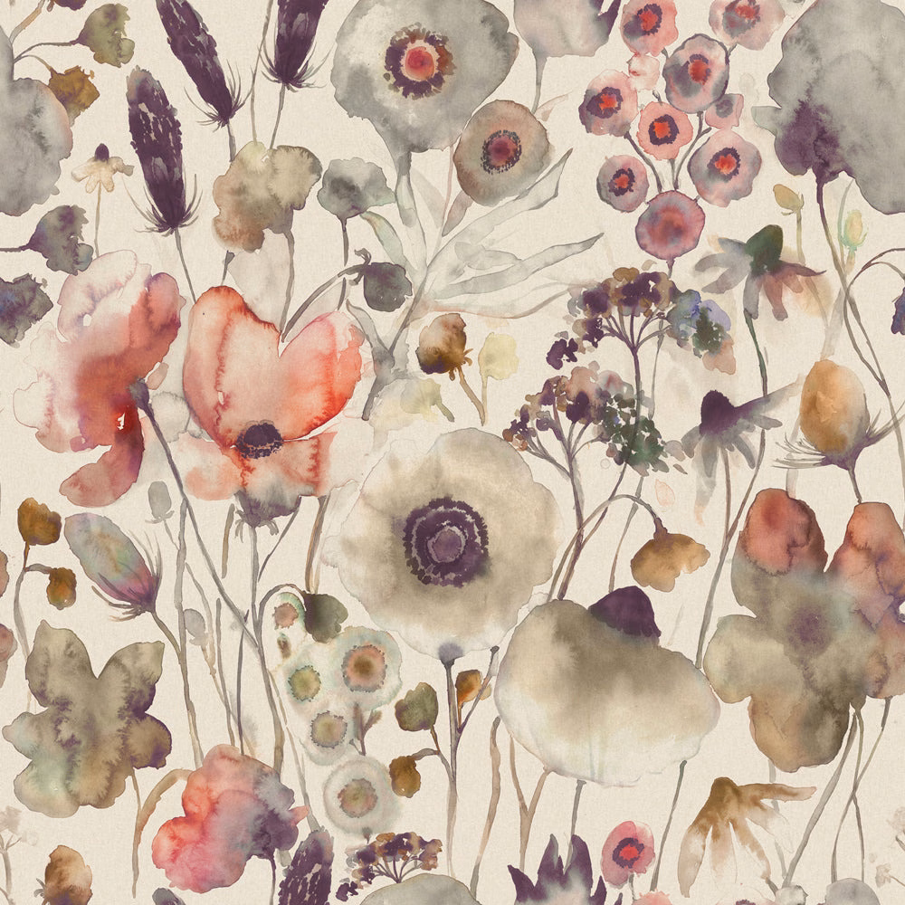 Watercolour floral fabric with blush, plum, sage and ochre blooms on a cream ground