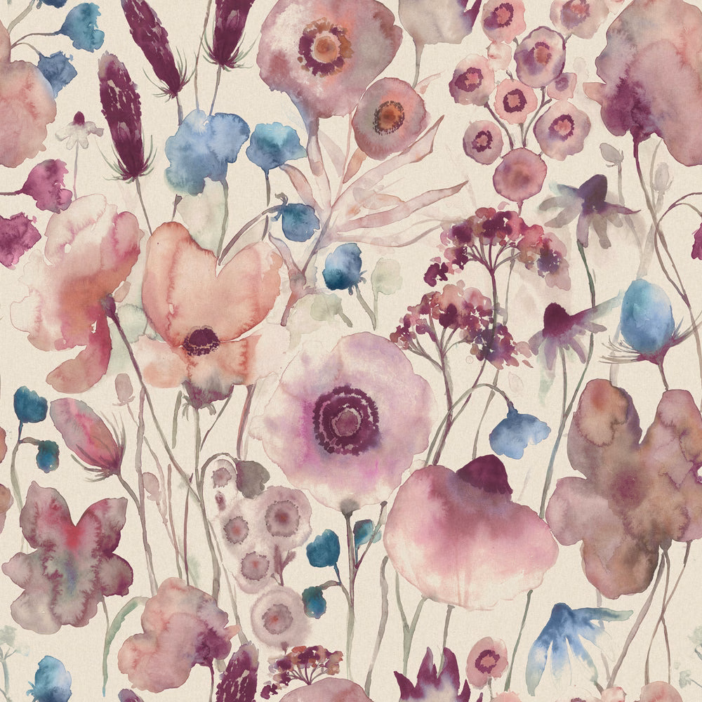Watercolour floral fabric with blush pink blooms, mauve flowers and blue accents