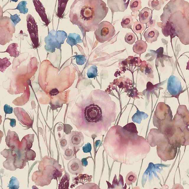 Watercolour floral fabric with blush pink blooms, mauve flowers and blue accents
