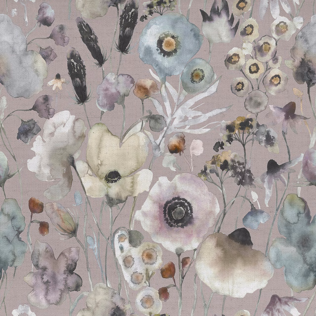 Painterly floral fabric in dusty mauve lilac with cream, sage and charcoal blooms