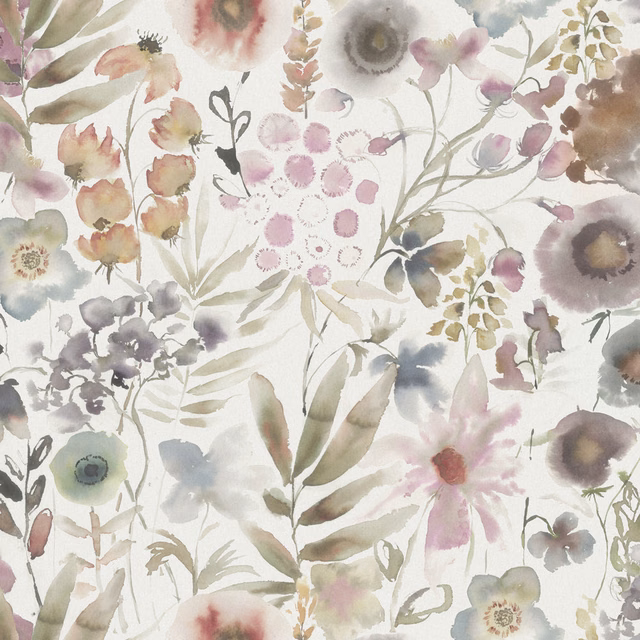 Watercolour botanical fabric with beige ground and muted pink, sage and grey florals