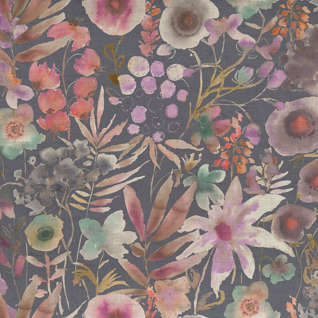 Painterly floral fabric swatch on a deep slate blue ground with lilac and pink blooms