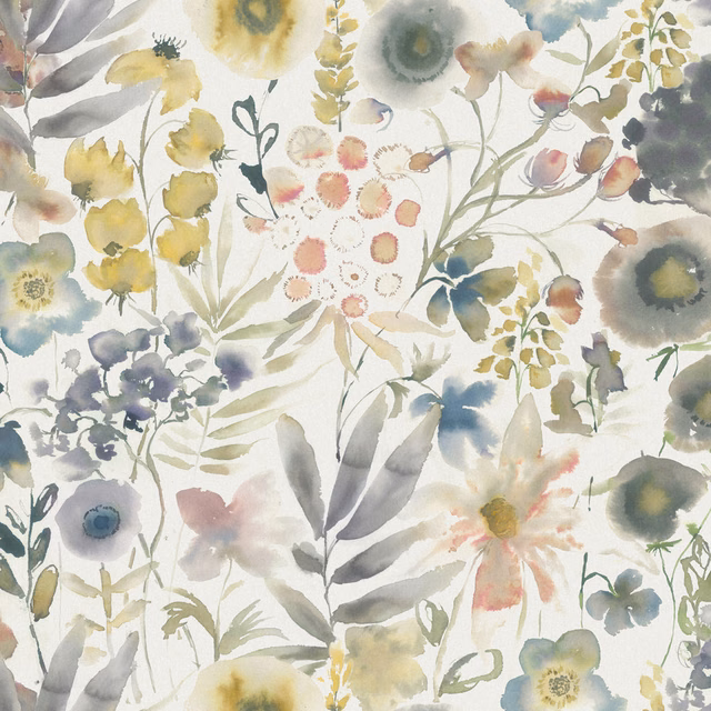 Painterly floral cotton-linen fabric with soft sage, blue-grey and blush blooms