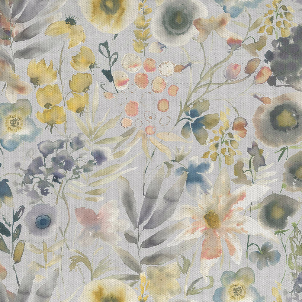 Painterly grey botanical fabric with soft pastel flowers and leaves