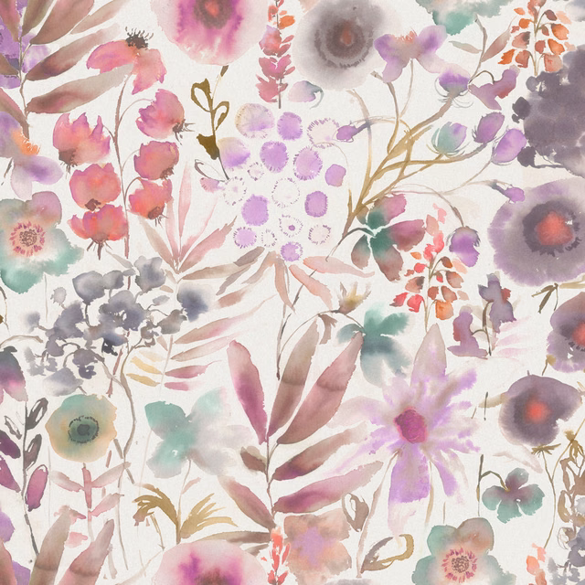 Painterly floral fabric with blush pink, mauve and soft green watercolour blooms