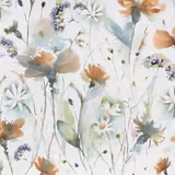 Painterly apricot-orange botanical fabric with soft green stems and pale ground