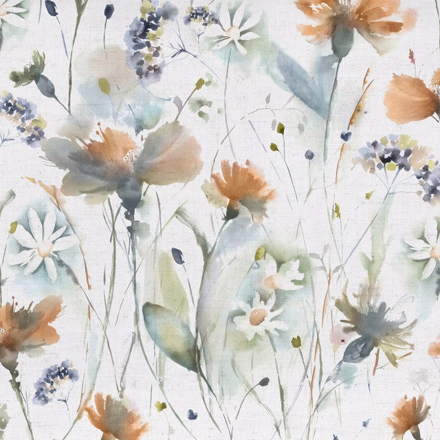 Painterly apricot-orange botanical fabric with soft green stems and pale ground