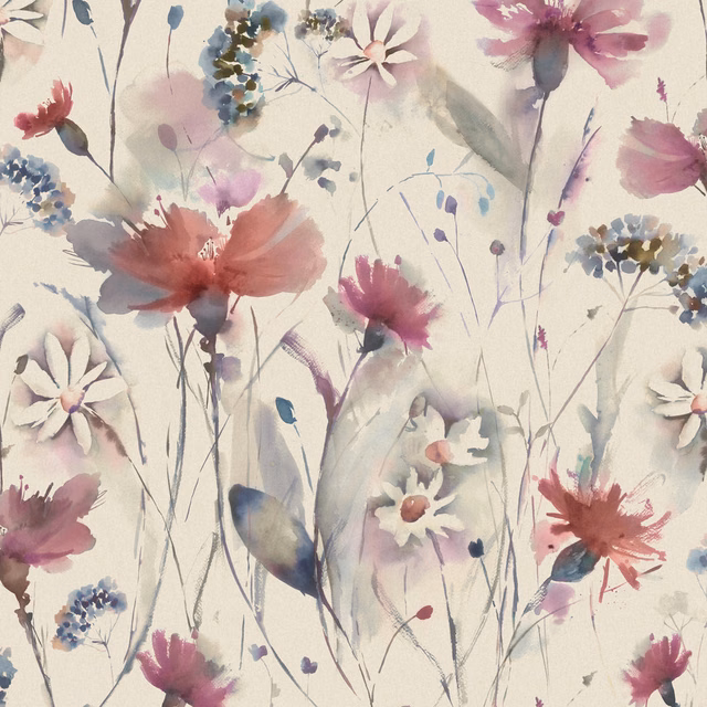 Painterly pink and mauve floral fabric with loose stems on an ivory ground