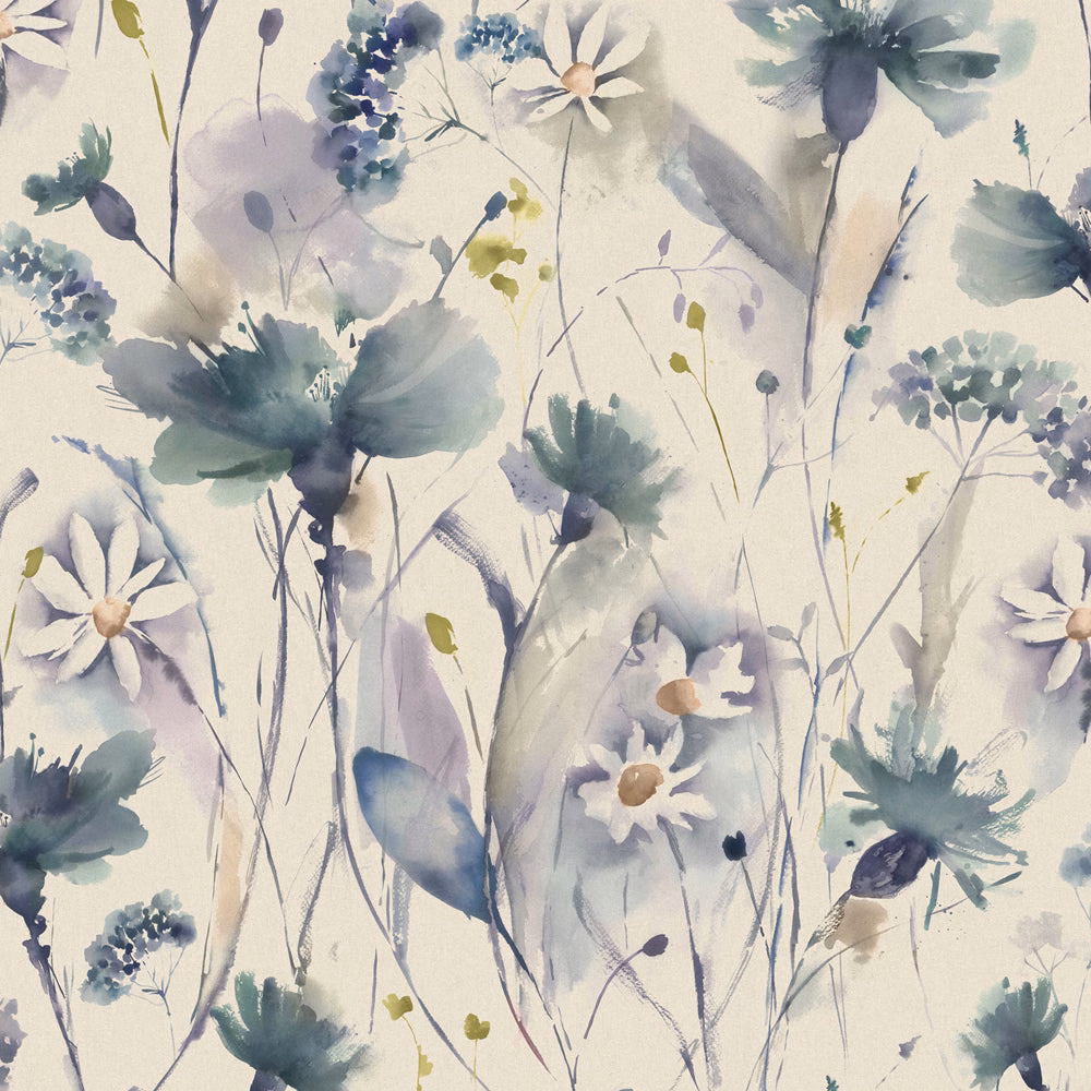 Painterly floral fabric with soft lavender, teal and ivory blooms on a pale ground