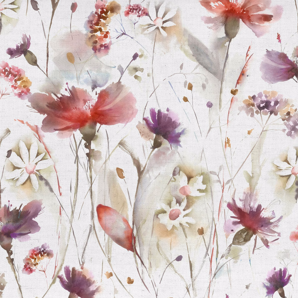 Painterly red and plum floral fabric on an ivory ground with airy stems