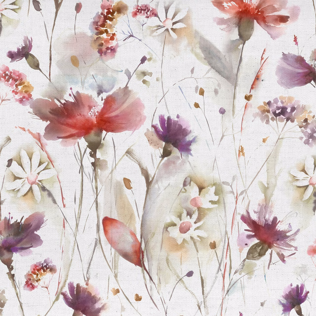 Painterly red and plum floral fabric on an ivory ground with airy stems