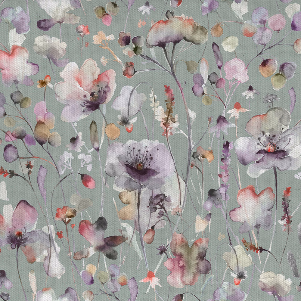 Painterly floral fabric with sage green ground, lilac and blush blossoms