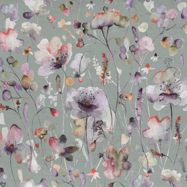 Painterly floral fabric with sage green ground, lilac and blush blossoms