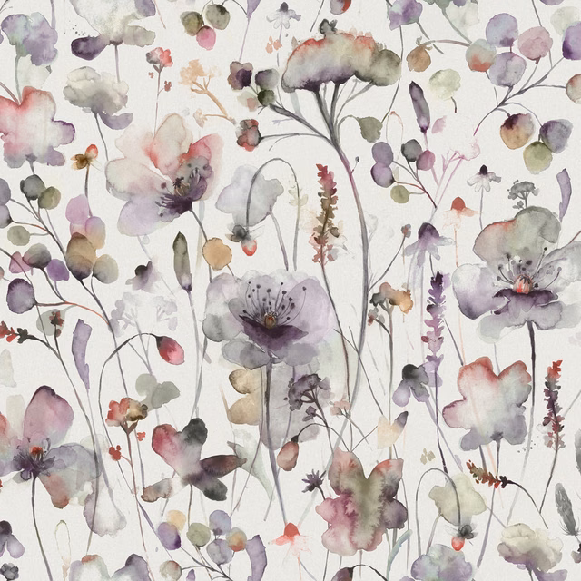 Watercolour meadow floral fabric with lilac, mauve and blush blooms on white