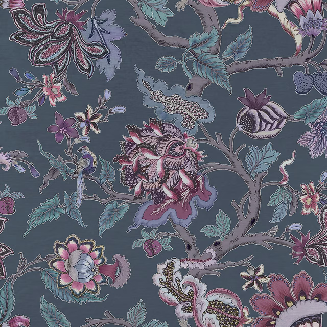 Painterly floral fabric on a smoky blue ground with teal leaves and pink blooms