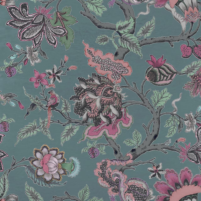 Large-scale floral fabric with a muted teal ground and pink blossom motifs