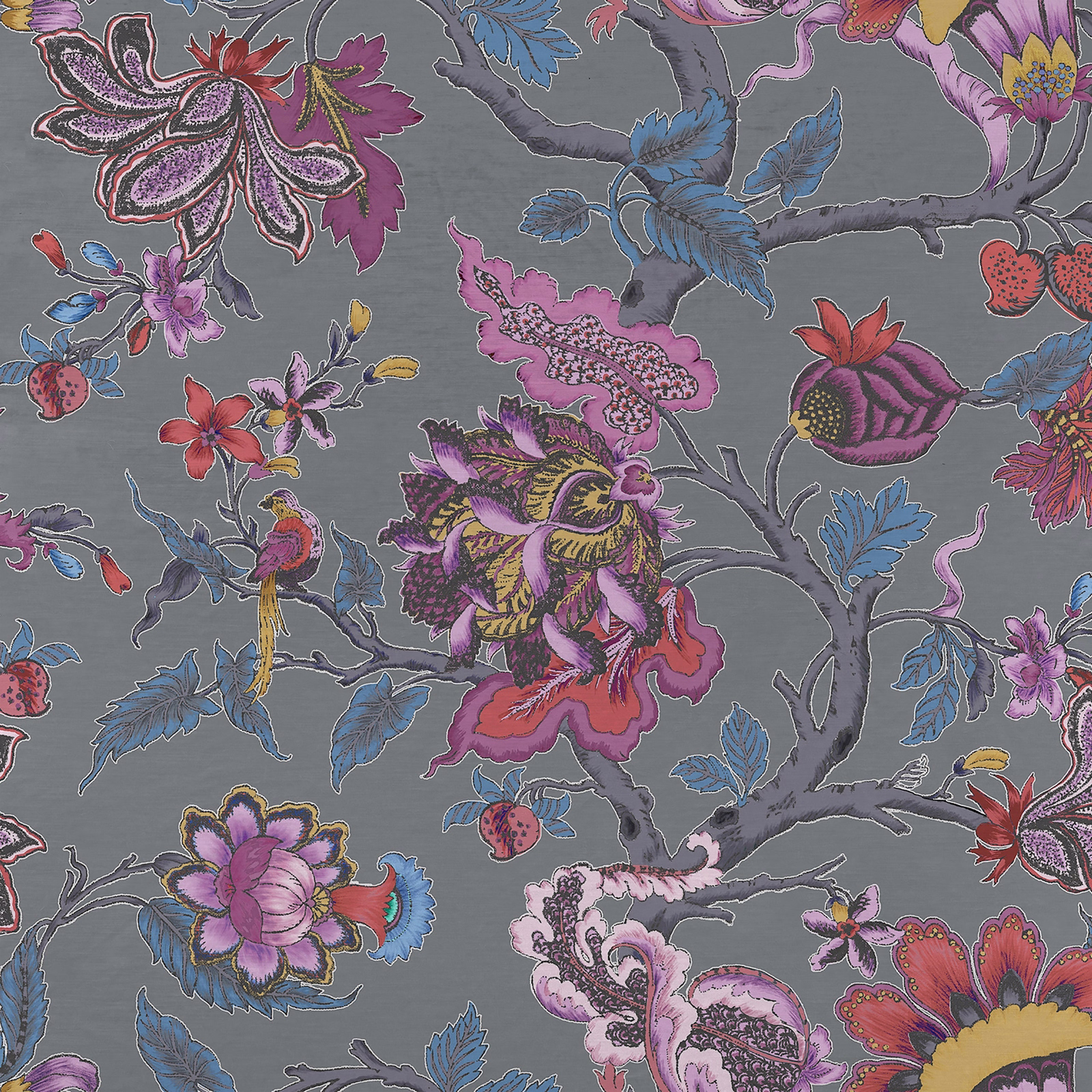 Large floral fabric with blue, pink and plum blooms on a cool grey ground