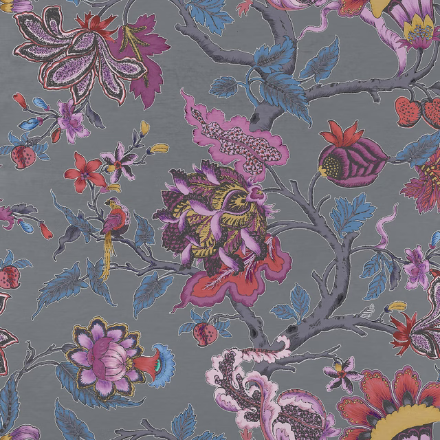 Large floral fabric with blue, pink and plum blooms on a cool grey ground