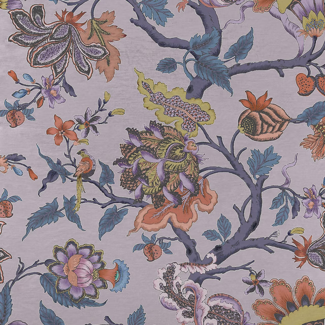 Painterly botanical fabric with dusty pink ground, indigo branches and multicoloured flowers